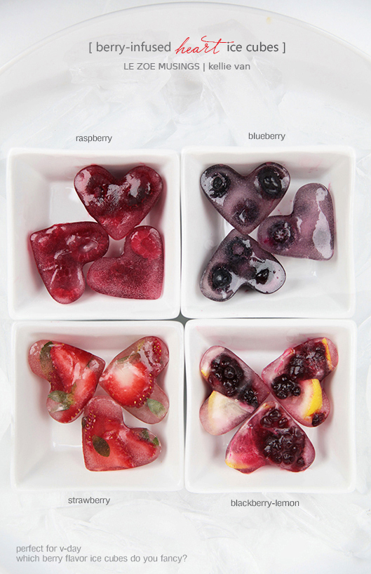 berry infused heart ice cubes
