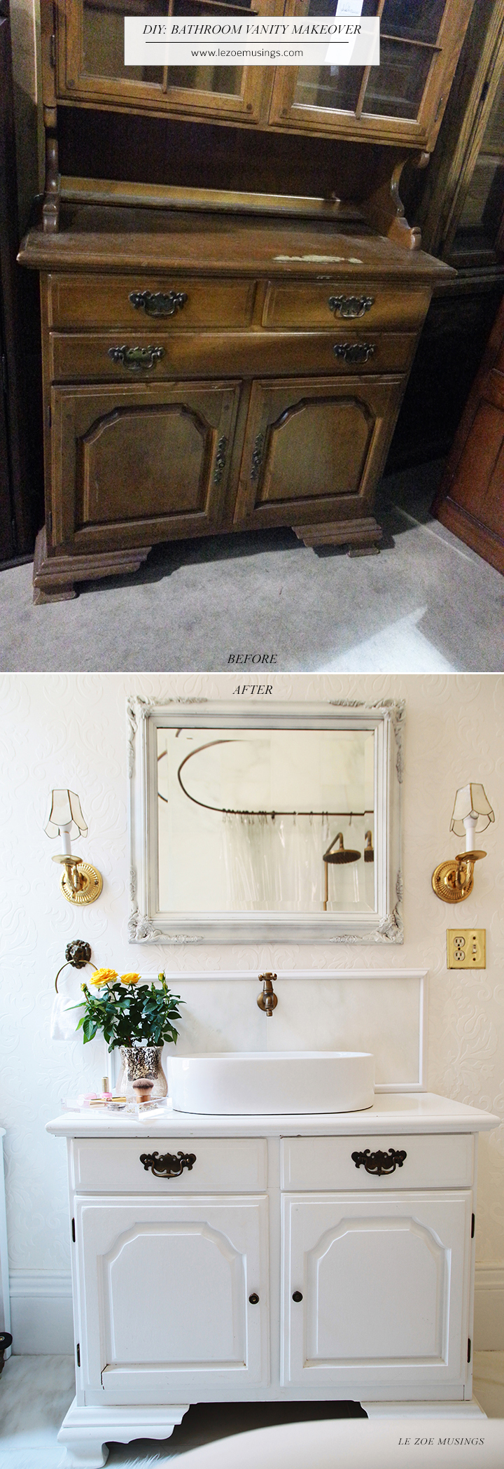 DIY Bathroom Vanity Makeover (using a thrifted hutch) by Le Zoe Musings
